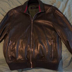Gucci Black Leather Bomber Jacket with Red & Green Collar Stripe